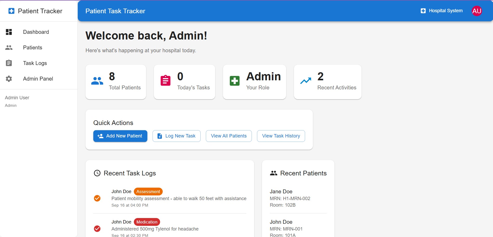 Patient Logger dashboard
