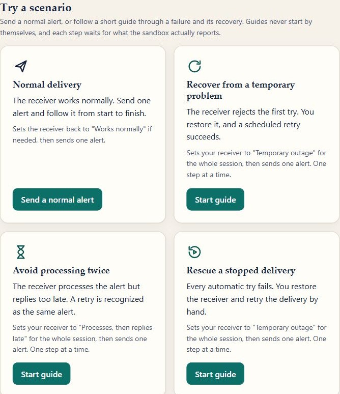 Four guided scenarios covering normal delivery, temporary failure, duplicate protection and manual recovery