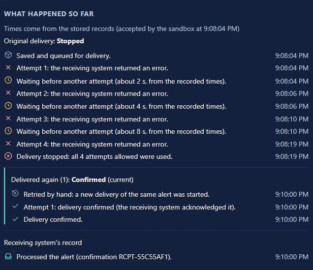 Manual replay history retaining four failed attempts and a successful linked delivery